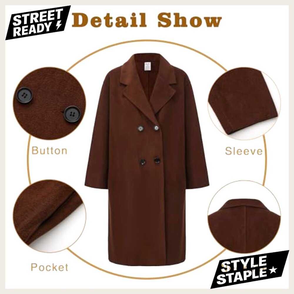 Long Wool Pea Coat Double Breasted Notched Lapel Trench Coat - Picture 4 of 7